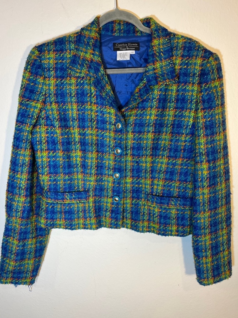 Cynthia Howie Vintage Blue Multi-Color Tweed Cropped Blazer Large 12